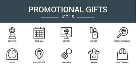 set of 10 outline web promotional gifts icons such as souvenir, calendar, monitor, lighter, magnifying glass, clock, placeholder vector icons for report, presentation, diagram, web design, mobile