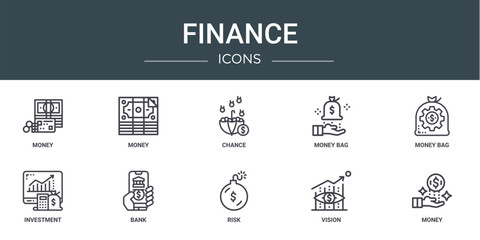 set of 10 outline web finance icons such as money, money, chance, money bag, bag, investment, bank vector icons for report, presentation, diagram, web design, mobile app