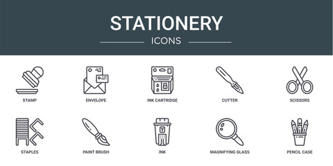 set of 10 outline web stationery icons such as stamp, envelope, ink cartridge, cutter, scissors, staples, paint brush vector icons for report, presentation, diagram, web design, mobile app