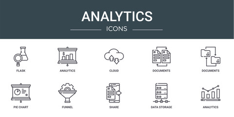 set of 10 outline web analytics icons such as flask, analytics, cloud, documents, documents, pie chart, funnel vector icons for report, presentation, diagram, web design, mobile app
