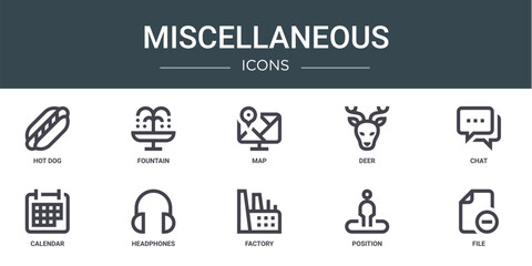 set of 10 outline web miscellaneous icons such as hot dog, fountain, map, deer, chat, calendar, headphones vector icons for report, presentation, diagram, web design, mobile app