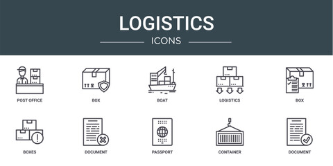 set of 10 outline web logistics icons such as post office, box, boat, logistics, box, boxes, document vector icons for report, presentation, diagram, web design, mobile app