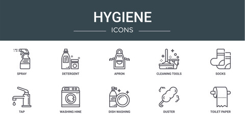 set of 10 outline web hygiene icons such as spray, detergent, apron, cleaning tools, socks, tap, washing hine vector icons for report, presentation, diagram, web design, mobile app