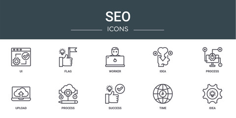 set of 10 outline web seo icons such as ui, flag, worker, idea, process, upload, process vector icons for report, presentation, diagram, web design, mobile app