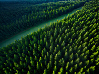 Fototapeta premium ethereal forest with fog birds eye view.