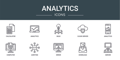 Fototapeta premium set of 10 outline web analytics icons such as calculator, analytics, bulb, cloud server, analytics, computer, aorithm vector icons for report, presentation, diagram, web design, mobile app