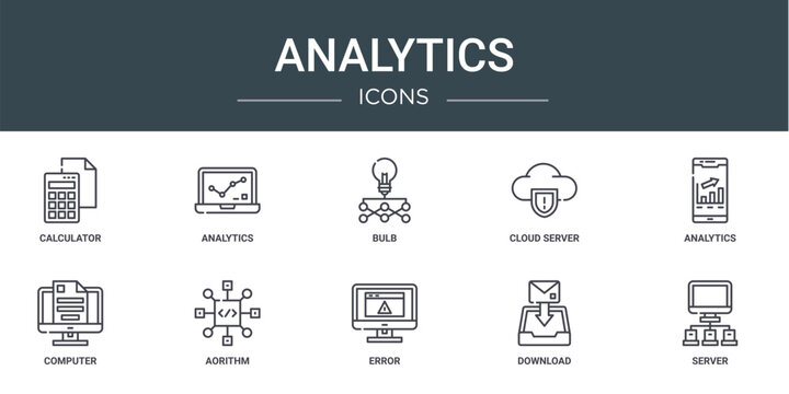 set of 10 outline web analytics icons such as calculator, analytics, bulb, cloud server, analytics, computer, aorithm vector icons for report, presentation, diagram, web design, mobile app