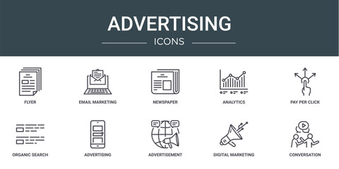 set of 10 outline web advertising icons such as flyer, email marketing, newspaper, analytics, pay per click, organic search, advertising vector icons for report, presentation, diagram, web design,