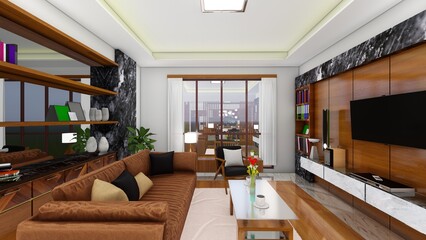 Living room interior with armchairs and sofa with lamp, bookshelves with decor, minimalist reading room. 3D rendering