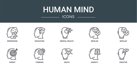 set of 10 outline web human mind icons such as depression, education, mental health, bipolar, bipolar, target, thinking vector icons for report, presentation, diagram, web design, mobile app