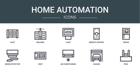 set of 10 outline web home automation icons such as gate, building, light, remote control, fridge, smoke detector, vent vector icons for report, presentation, diagram, web design, mobile app