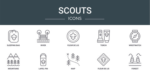 set of 10 outline web scouts icons such as sleeping bag, river, fleur de lis, torch, wristwatch, mountains, lapel pin vector icons for report, presentation, diagram, web design, mobile app