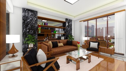 Living room interior with armchairs and sofa with lamp, bookshelves with decor, minimalist reading room. 3D rendering