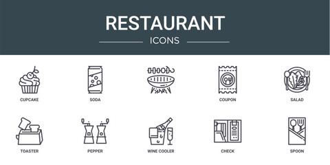 set of 10 outline web restaurant icons such as cupcake, soda, , coupon, salad, toaster, pepper vector icons for report, presentation, diagram, web design, mobile app