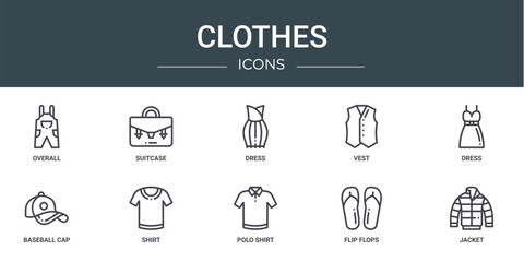 set of 10 outline web clothes icons such as overall, suitcase, dress, vest, dress, baseball cap, shirt vector icons for report, presentation, diagram, web design, mobile app