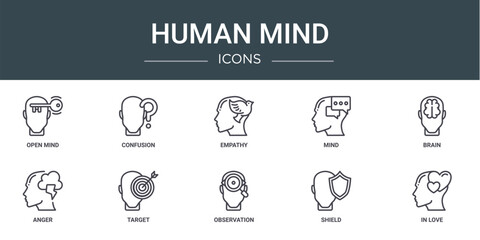 set of 10 outline web human mind icons such as open mind, confusion, empathy, mind, brain, anger, target vector icons for report, presentation, diagram, web design, mobile app