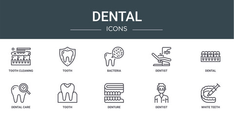 set of 10 outline web dental icons such as tooth cleaning, tooth, bacteria, dentist, dental, dental care, tooth vector icons for report, presentation, diagram, web design, mobile app