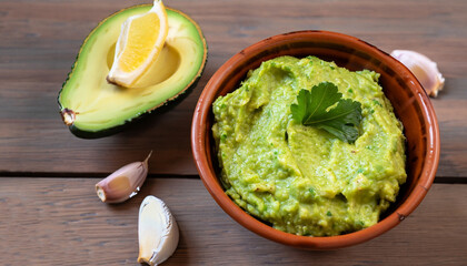 Clay bowl with fresh guacamole, lemon and garlic on wooden table. Diet vegetarian Mexican food avocado.