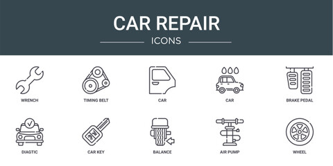 set of 10 outline web car repair icons such as wrench, timing belt, car, car, brake pedal, diagtic, key vector icons for report, presentation, diagram, web design, mobile app
