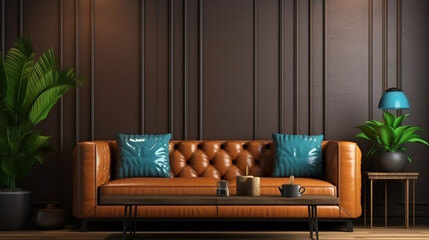 木製の壁の背景に革張りのソファと装飾があるリビングルーム　Generative AI - obrazy, fototapety, plakaty