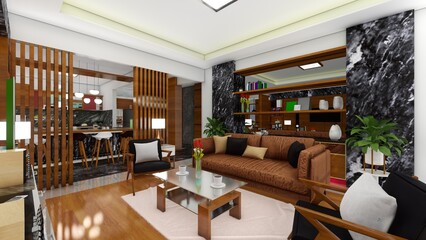 Living room interior with bookshelves and sofa, tv background with decor, minimalist reading room. 3D rendering