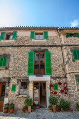Narrow streets in historic center of town of Valldemossa, Balearic Islands Mallorca Spain.