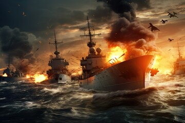Epic battle of large naval ships on the open sea
