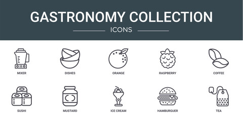 set of 10 outline web gastronomy collection icons such as mixer, dishes, orange, raspberry, coffee, sushi, mustard vector icons for report, presentation, diagram, web design, mobile app