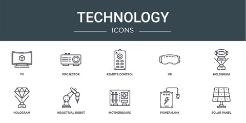 set of 10 outline web technology icons such as tv, projector, remote control, vr, hologram, hologram, industrial robot vector icons for report, presentation, diagram, web design, mobile app