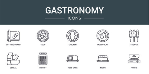 set of 10 outline web gastronomy icons such as cutting board, soup, chicken, molecular, skewer, cereal, biscuit vector icons for report, presentation, diagram, web design, mobile app
