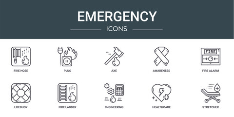 set of 10 outline web emergency icons such as fire hose, plug, axe, awareness, fire alarm, lifebuoy, fire ladder vector icons for report, presentation, diagram, web design, mobile app