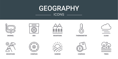 set of 10 outline web geography icons such as snorkel, box, mountains, thermometer, cloud, mountains, compass vector icons for report, presentation, diagram, web design, mobile app