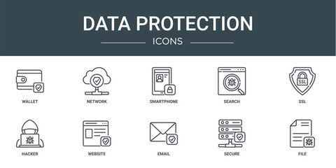 set of 10 outline web data protection icons such as wallet, network, smartphone, search, ssl, hacker, website vector icons for report, presentation, diagram, web design, mobile app