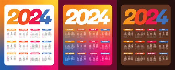 2024 Calendar Planner Template, ector layout of a wall or desk simple calendar with week start Sunday. Anual Organizer, Flat Vector, isolated, colorful.