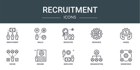 set of 10 outline web recruitment icons such as employment, skills, recruiter, resource, hands, decide, resume vector icons for report, presentation, diagram, web design, mobile app