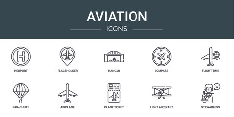 Naklejka premium set of 10 outline web aviation icons such as heliport, placeholder, hangar, compass, flight time, parachute, airplane vector icons for report, presentation, diagram, web design, mobile app