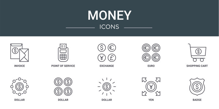 set of 10 outline web money icons such as invoice, point of service, exchange, euro, shopping cart, dollar, dollar vector icons for report, presentation, diagram, web design, mobile app