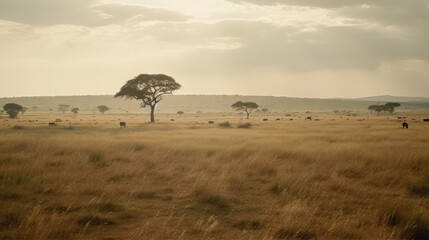 African savanna, yellow grass - obrazy, fototapety, plakaty