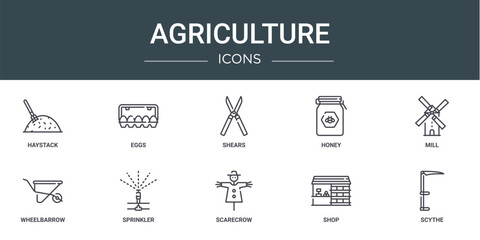 set of 10 outline web agriculture icons such as haystack, eggs, shears, honey, mill, wheelbarrow, sprinkler vector icons for report, presentation, diagram, web design, mobile app