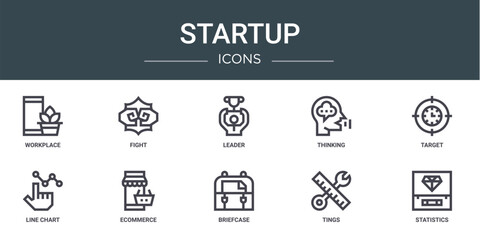 set of 10 outline web startup icons such as workplace, fight, leader, thinking, target, line chart, ecommerce vector icons for report, presentation, diagram, web design, mobile app