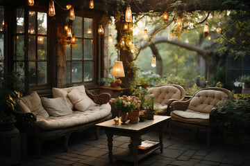 Cozy patio with furniture and flowers