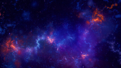 Fototapeta na wymiar Dark blue nebula with stars and fiery red explosions in outer space. Abstract fractal art background.