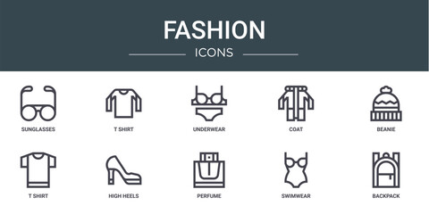 set of 10 outline web fashion icons such as sunglasses, t shirt, underwear, coat, beanie, t shirt, high heels vector icons for report, presentation, diagram, web design, mobile app
