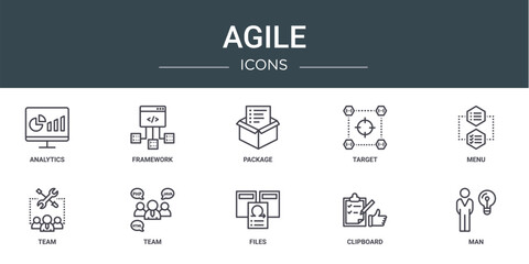 set of 10 outline web agile icons such as analytics, framework, package, target, menu, team, team vector icons for report, presentation, diagram, web design, mobile app
