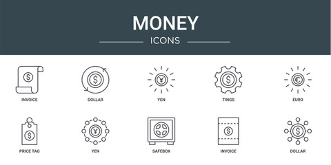 set of 10 outline web money icons such as invoice, dollar, yen, tings, euro, price tag, yen vector icons for report, presentation, diagram, web design, mobile app