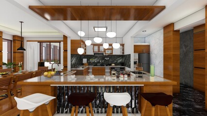 Modern kitchen interior in luxury private house. Wood grain design, Marble floors, Stylish kitchenware. 3d renders