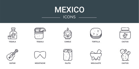 set of 10 outline web mexico icons such as tequila, tequila, candle, tortilla, cactus, guitar, moustache vector icons for report, presentation, diagram, web design, mobile app