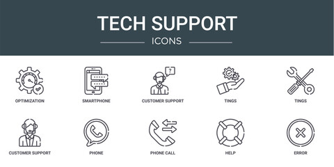 set of 10 outline web tech support icons such as optimization, smartphone, customer support, tings, tings, customer support, phone vector icons for report, presentation, diagram, web design, mobile