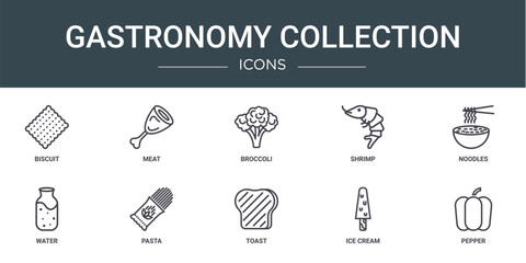 set of 10 outline web gastronomy collection icons such as biscuit, meat, broccoli, shrimp, noodles, water, pasta vector icons for report, presentation, diagram, web design, mobile app