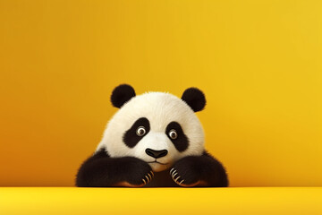 3D illustration of a cute panda bear sitting on a yellow banner background
